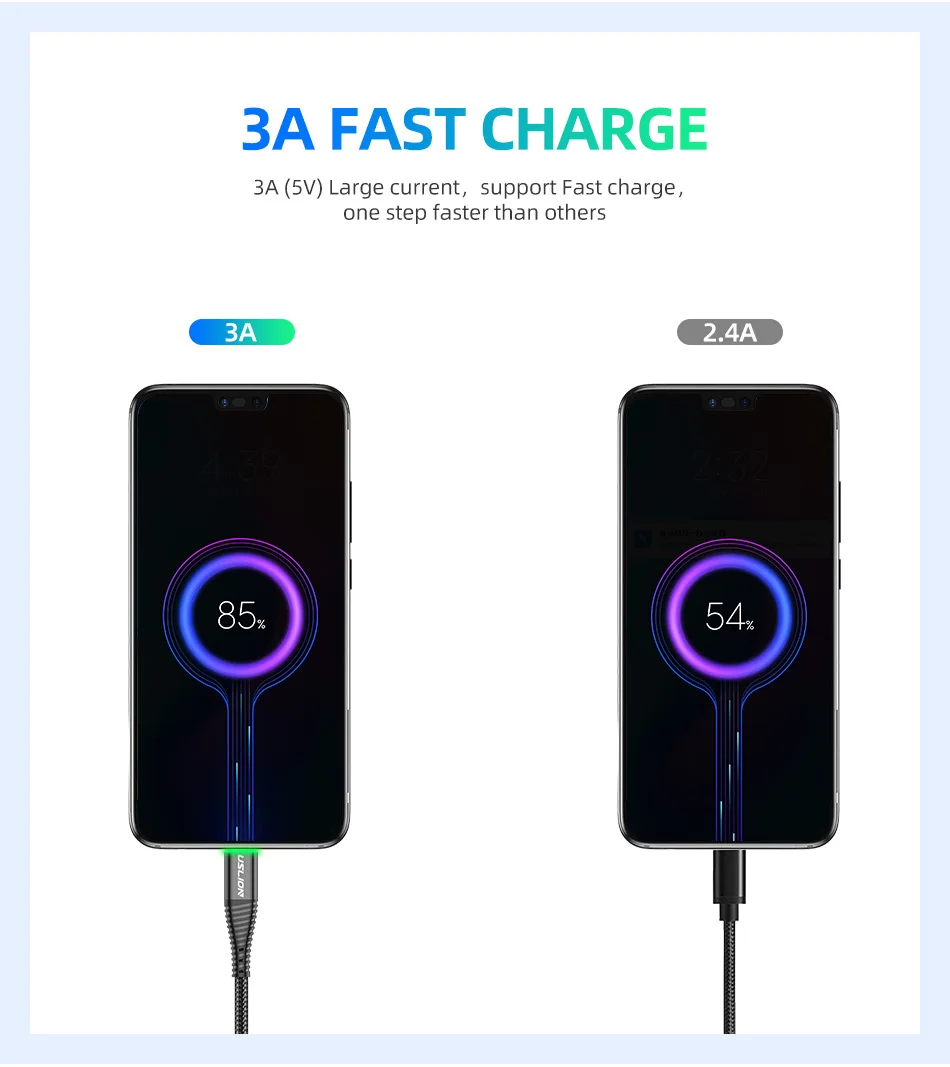 USLION 3A Fast Charging 2M Green LED illuminated Micro USB Charging Cable Data Cable For Android Mobile Phone - ANKUX.COM