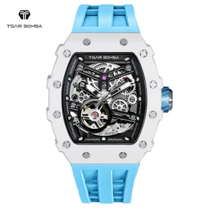 For MIYOTA Automatic Mechanical Men's Luxury Wristwatch Ceramic Case Tonneau Shape Rubber Band Water Resistant Analog