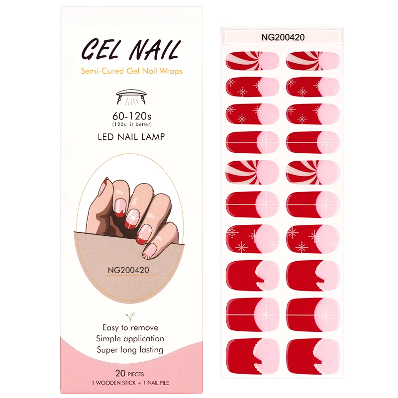 Huizi Nail Supplier Christmas Gel Nail Strip Wraps Non-Toxic Long Lasting Semi Cured Gel Nail Stickers