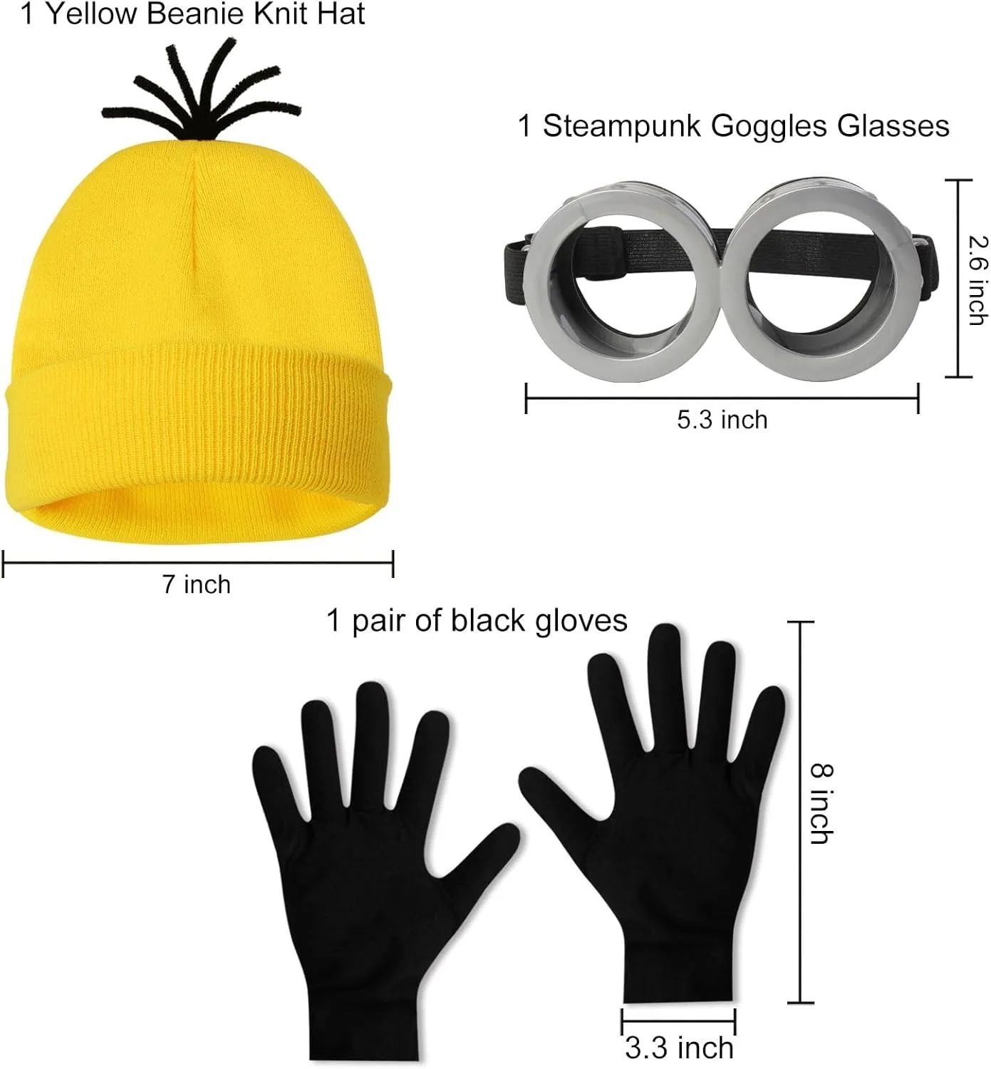 3Pcs Yellow Cosplay Costume Accessories Yellow Beanie Hat  Goggles Gloves for Men Women Cosplay Party Set