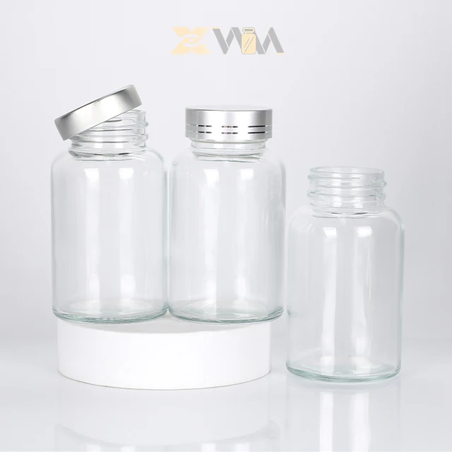 Customized Multiple size amber glass jar clear colored Vitamin Bottles nutritional Supplements Bottle