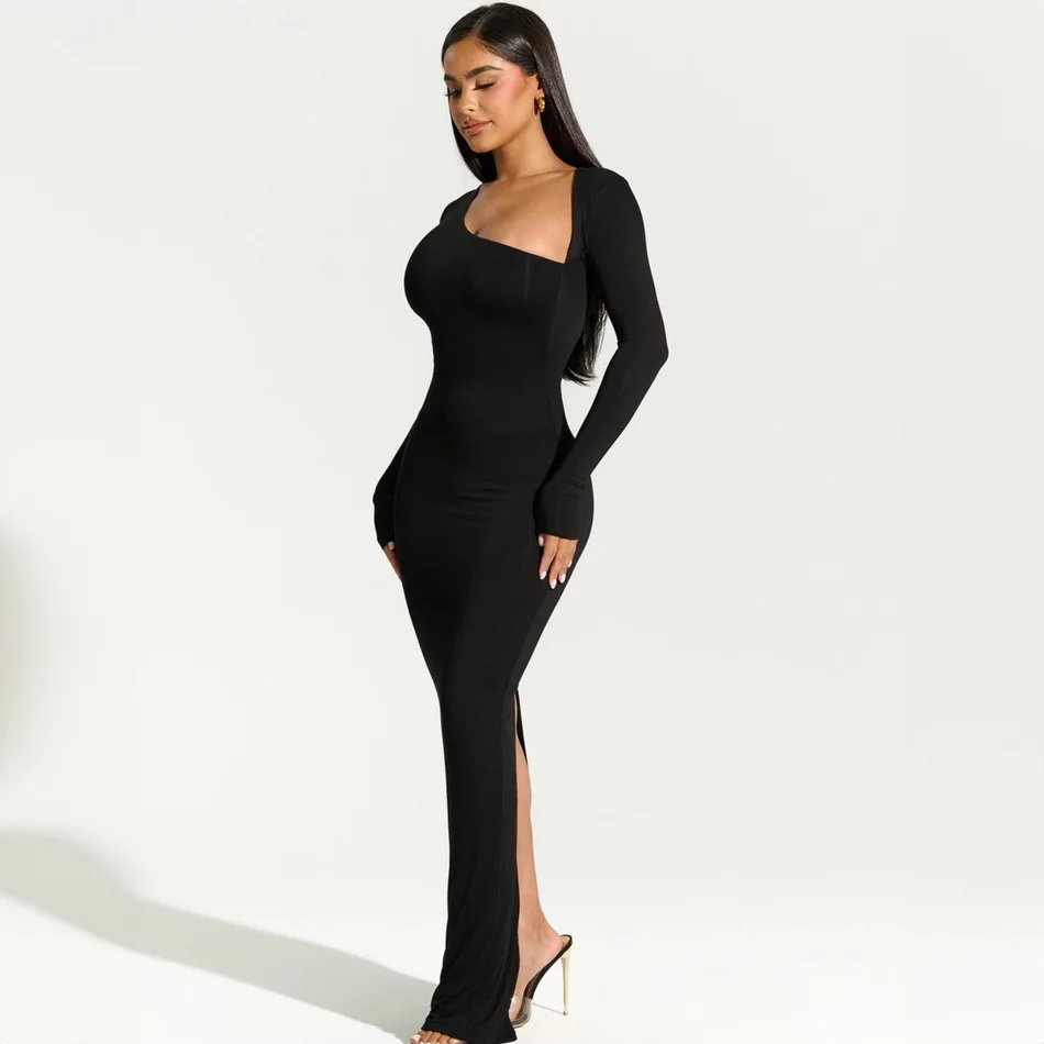 Skyland Custom Sexy Black Long Sleeve Slit Maxi Party Dresses for Women