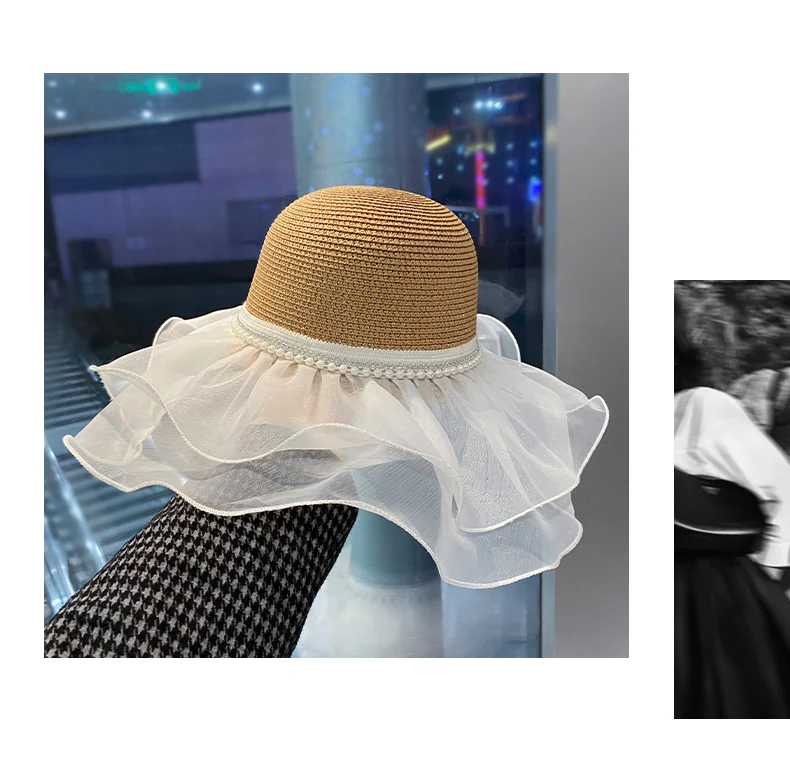 Custom Summer Beach Travel Vacation Straw Hat With Pearl Lace White Gauze Sun protection Sun Hat Straw Hat