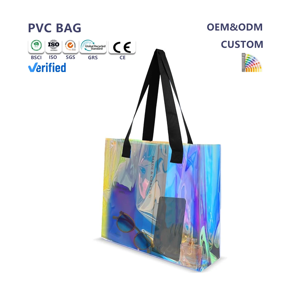 Custom Logo Reusable Pink Holographic Metallic Shiny Laminated Non Iridescent Gift Tote Shopping Bag With Logo