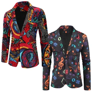 Autumn Men's Casual Slim Fit Blazer 3D Musical Note Print Painting Single Breasted V-neck Breathable Wholesale Fashion Suit Coat