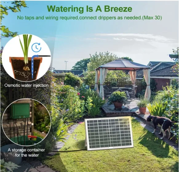 Irrigatiesysteem op zonne-energie, 2-in-1, automatisch tuinbewateringssysteem met 15 m slang en anti-sifon, druppelirrigatiesysteem voor tuin, balkon, planten, potplanten buiten, type C-lading