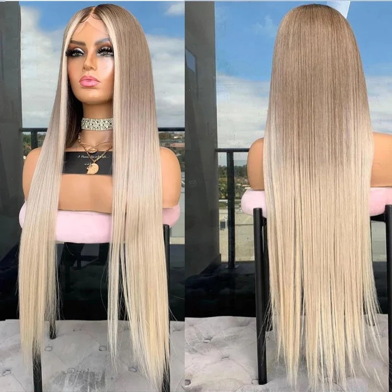  Ombre Blonde Dark Roots Lace Front Wigs 13x4 Free Part  Straight Human Hair Wig Full Ends 28 Inch 150% Density 2 Tone Brazilian  Virgin Lace Frontal Wigs Pre plucked Natural