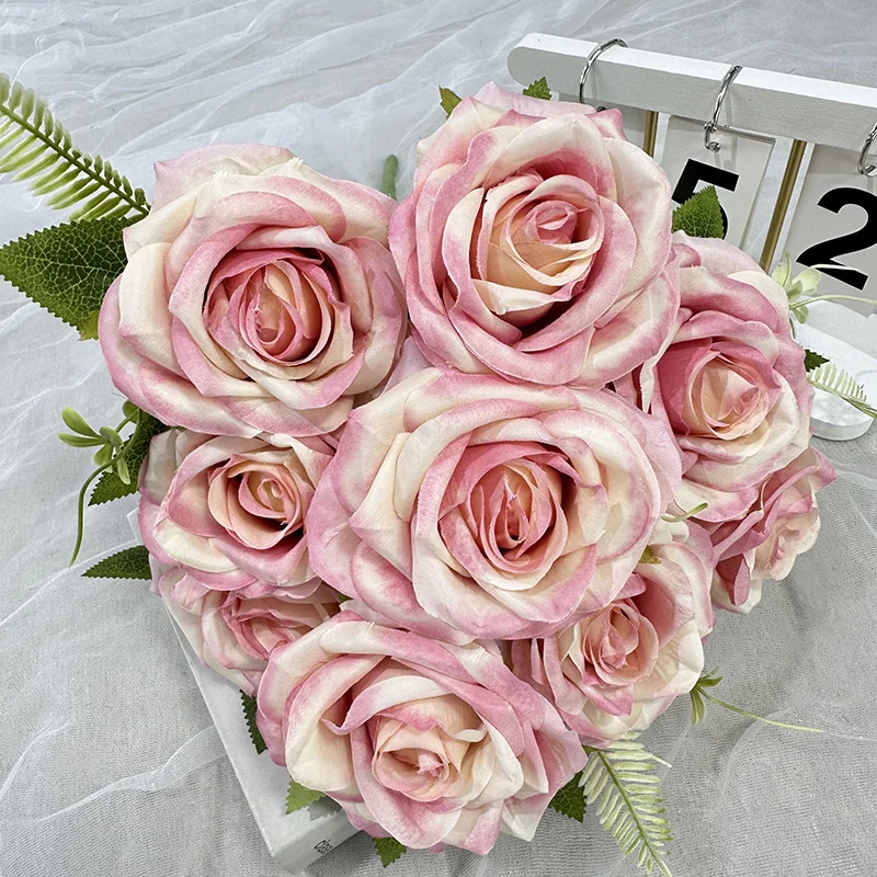 product qyy high quality new artificial flower meijiang bunch 9 large curled rose green silk cloth artificial flower-55