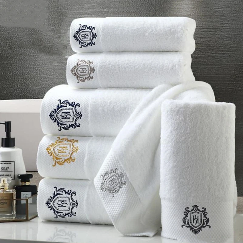 Customized Embroidered Logo White Towels Sets For Spa 100% Cotton Terry ...