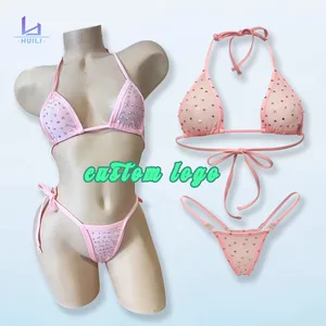 Huili Luxury Micro Bikini Set for Women OEM High Quality Designer Swimwear Custom Beading Two Pieces Rhinestones Leopard Print