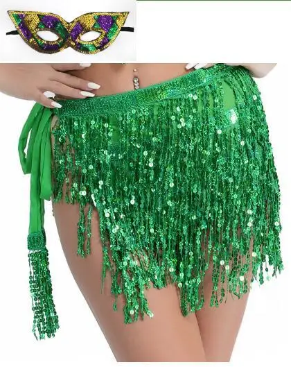 Halloween Party Festival Costume minthson 2pcs set Women's Sequin Skirt Belly Dance Fringe Skirt Tassel Hip Scarf Multilayer