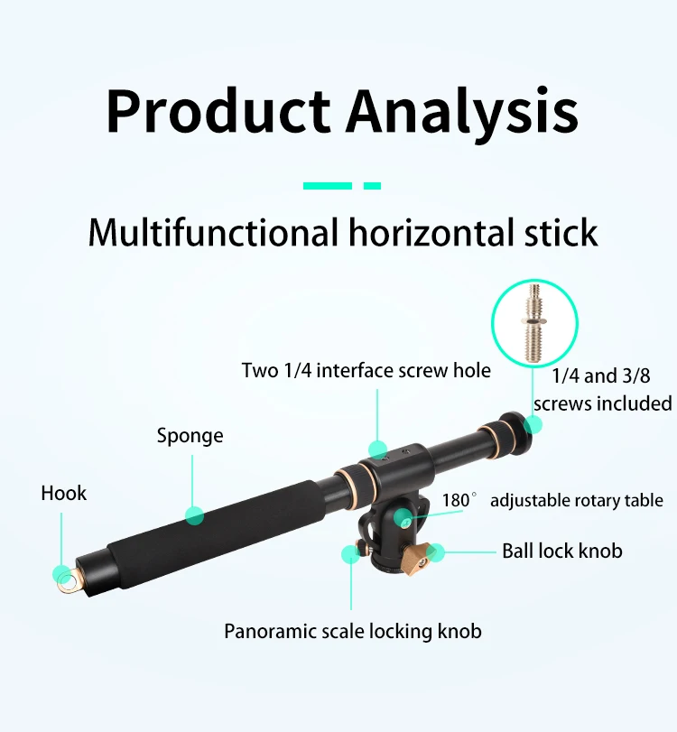 QZSD-YT03 Aluminum Center Pole Extendable 48-106cm Three Sections Horizontal bar 1/4&3/8 Camera Mount Adapter for Tripod Monopod