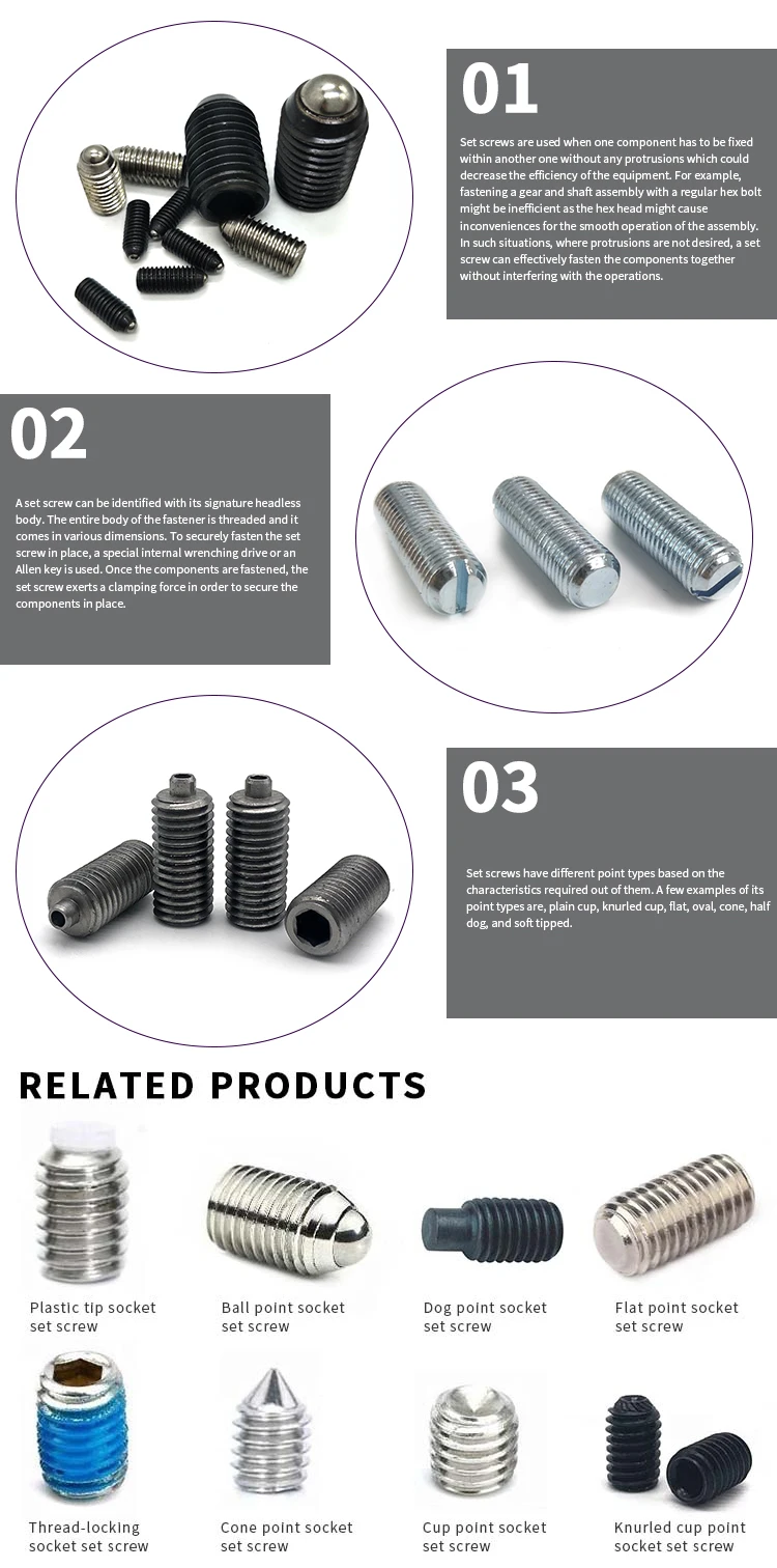 Din916 Stainless Steel 304 316 Hex Socket Head Grub Set Screw Flat Point Grub Screws Headless