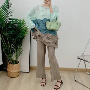 New Women's Pleated Top and Straight Pants Two-piece Set High Quality Summer Casual Sets Miyake Pleated Set