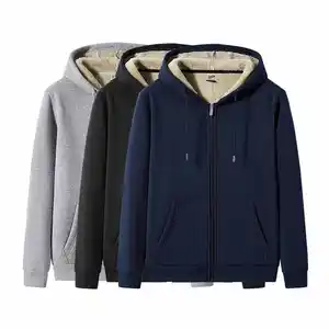 Custom Logo Zipper Hoodie Jacket and Coat for Men Winter Warm Thick Fleece with Fur Sublimation Blank Plain Dyed Technique
