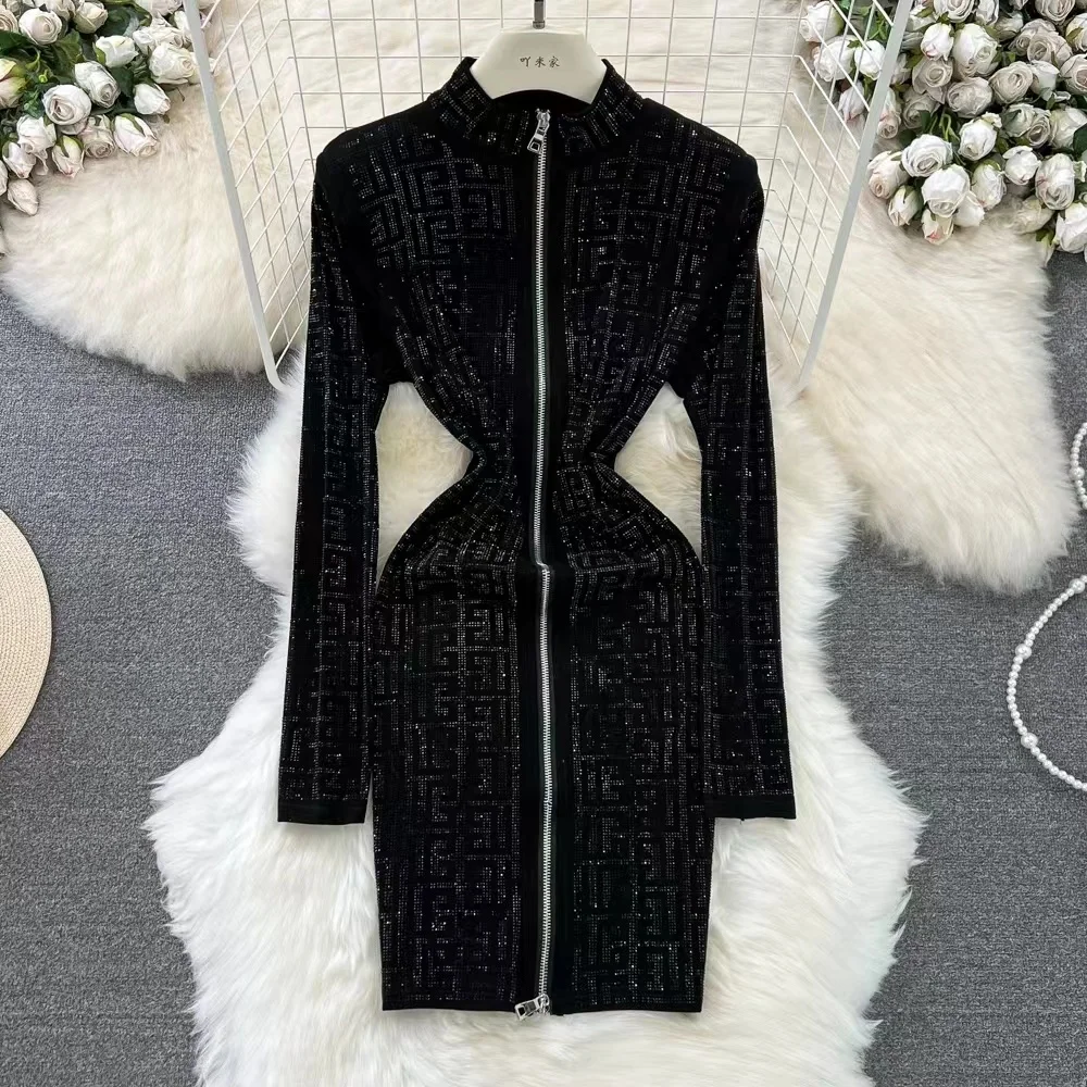 Hot Sale Rhinestones Long Sleeve Dress F Pattern Dress