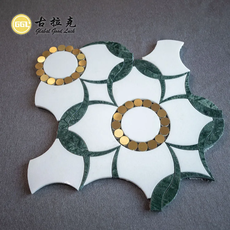 Flower pattern marble mosaic pure white and green marble chips inlaid with gold dots waterjet tile