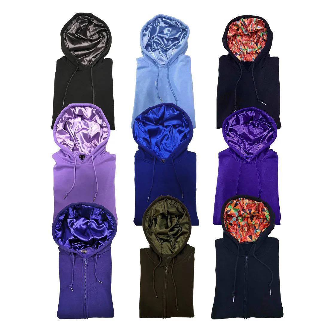 Silk Inside Hoodies Custom logo Embroidery Embossed Print Oversized Cotton Fleece Satin Lining Lined Hooded Hoodie Wholesale