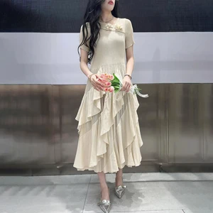 Miyake Pleated Dress Design Summer Women's Fashion Dress Polyester Fabric Dresses Women Lady Elegant Vintage