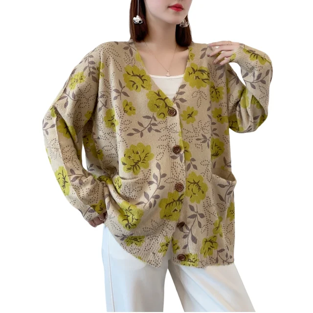 Women's Cardigan Sweater Floral Printing Fashion Casual Loose V-Neck Button Pocket Knitted Cardigan Spring and Autumn Tops Coat