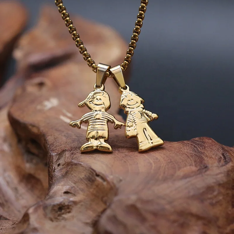 RB Gold Pendant Set Two Portrait Little Boy and Girl Pendant Plated Gold  Pendants Best Friend Necklaces for Men and Women