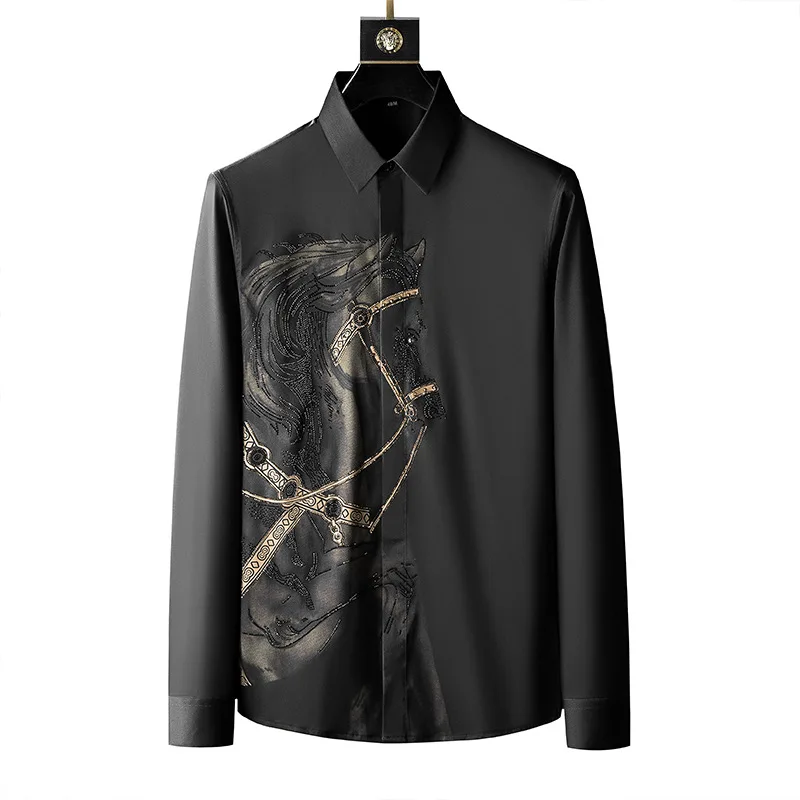 Party Silk Slim Office Men Tee Dress Shirts Casual Wash and Wear Shirts Clothes Business Long Sleeve Printing Shirts