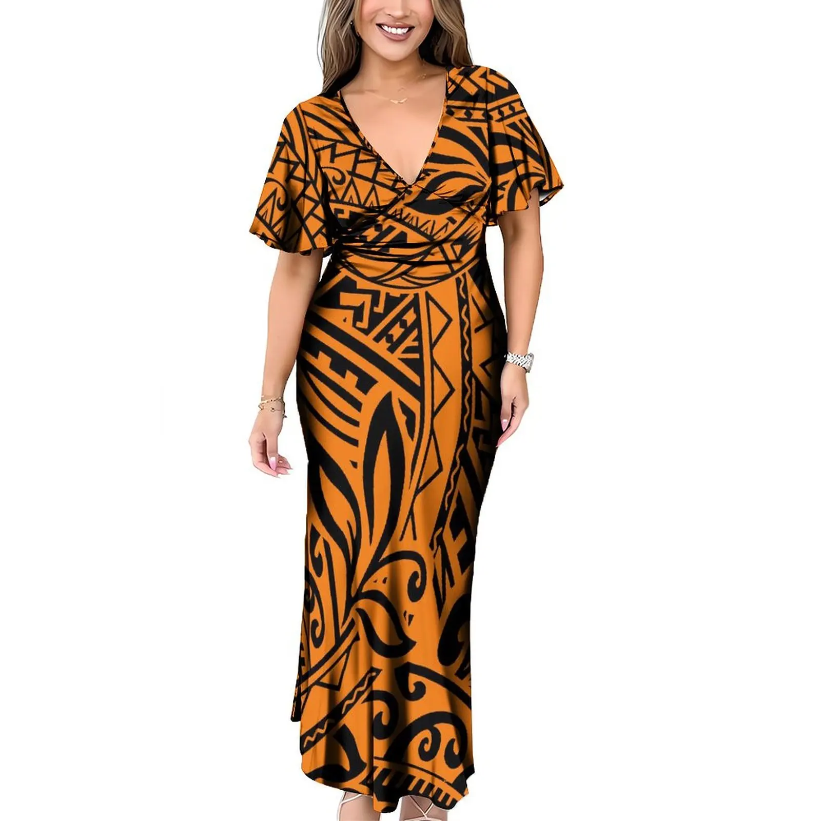 Elegant Fiji Polynesian Tribal Design Dress - Casual V-Neck Midi with Back  Tie, Perfect for Luau Parties and Summer Events