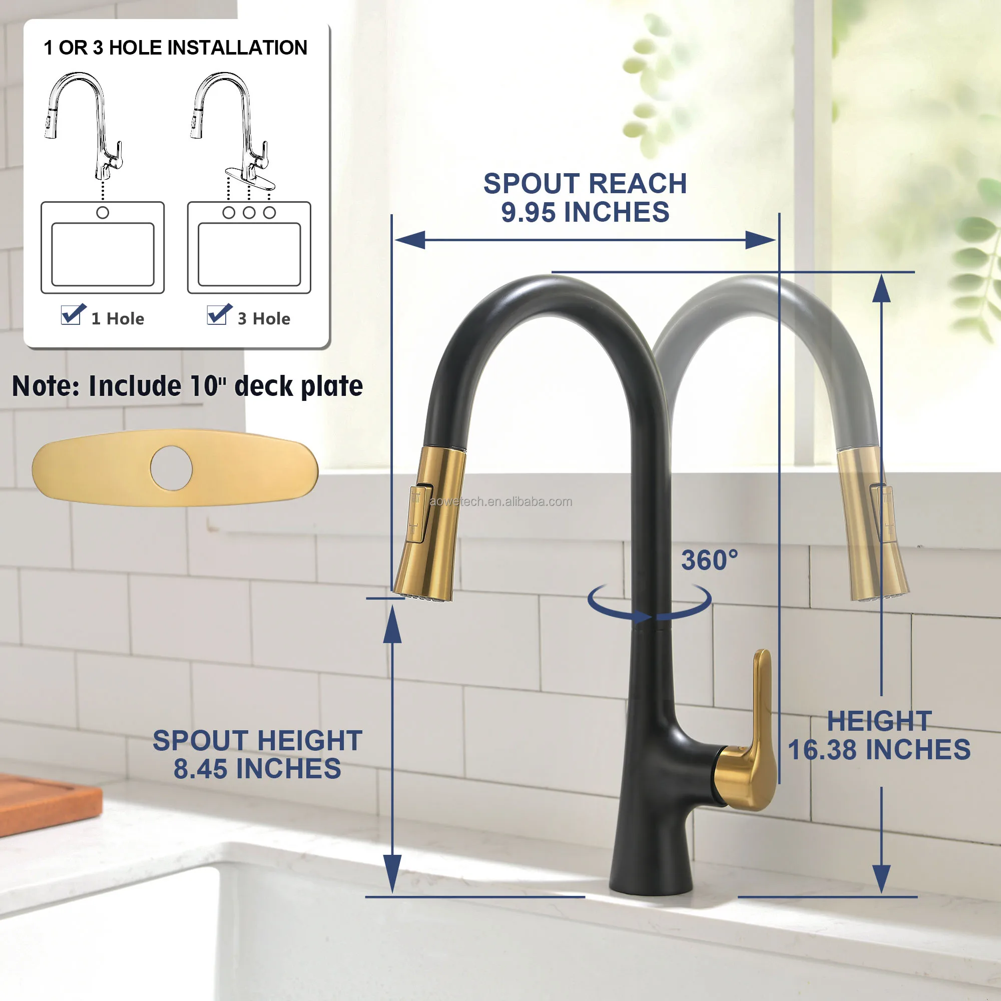 Modern Matte Black & Gold Pull Down Kitchen Faucet 16.38 High Arc Customizable Material & Valve Core OEM Solutions