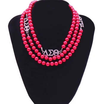 Handmade New Trendy Womenhhod Gift Red Pearl Clear Crystal Pave DST Symbol Sorority Delta Sigma Jewelry Necklaces