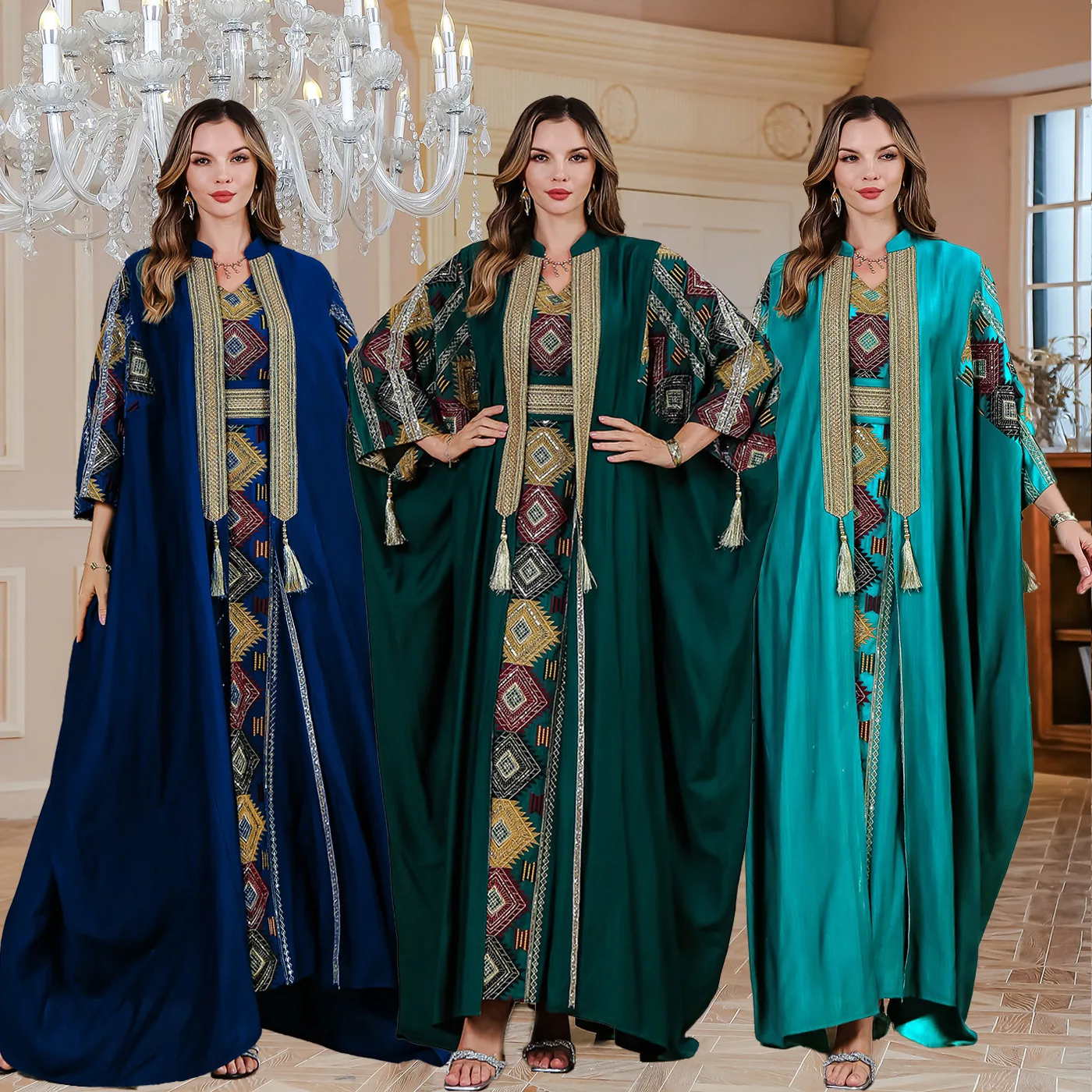 Luxurious Kaftan Dubai Embroidery Muslim Open Abaya Islam Kimono