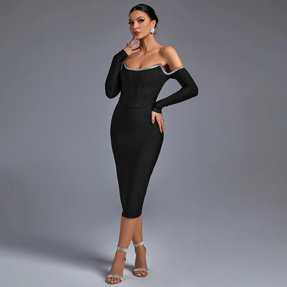 Elegant Black Off the Shoulder Long Sleeve Maxi Dress - Formal Evening Wear  for Women, Perfect for Parties & Special Occasions