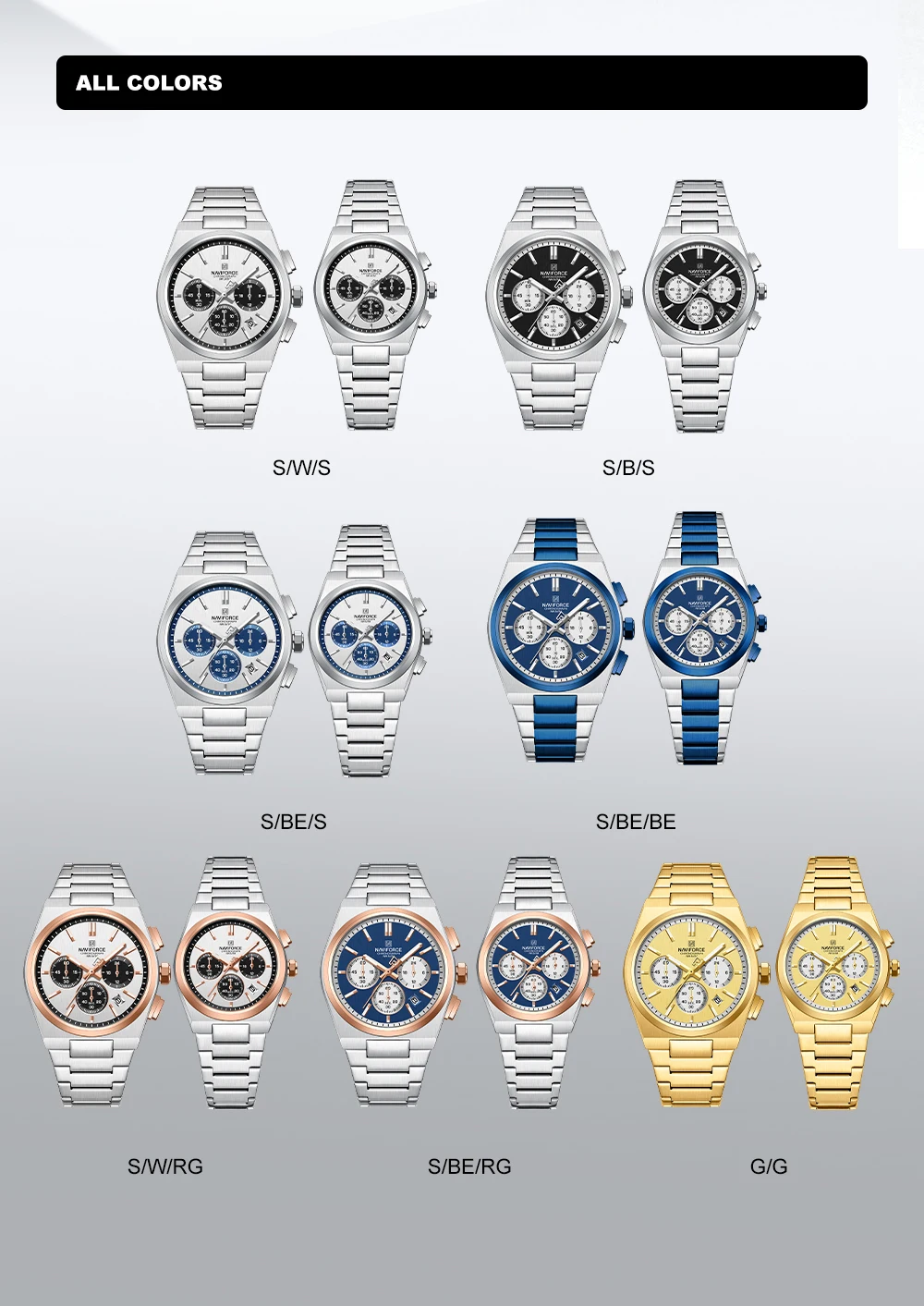 NAVIFORCE NF8048G/L Chronograph Stainless Steel Bracelet Couple 8048 Brand Women Watch Quartz Men Wristwatch Lover's Watches