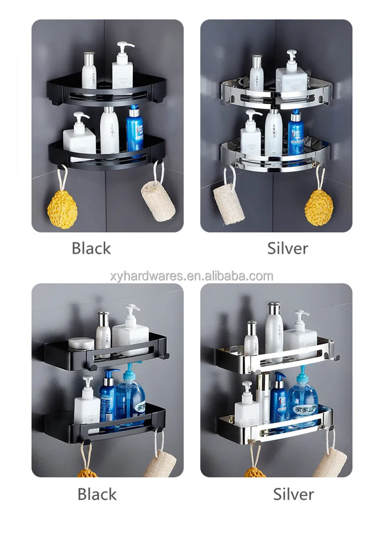 Stainless Steel Matt Black Bathroom Corner Basket Storage With Hooks