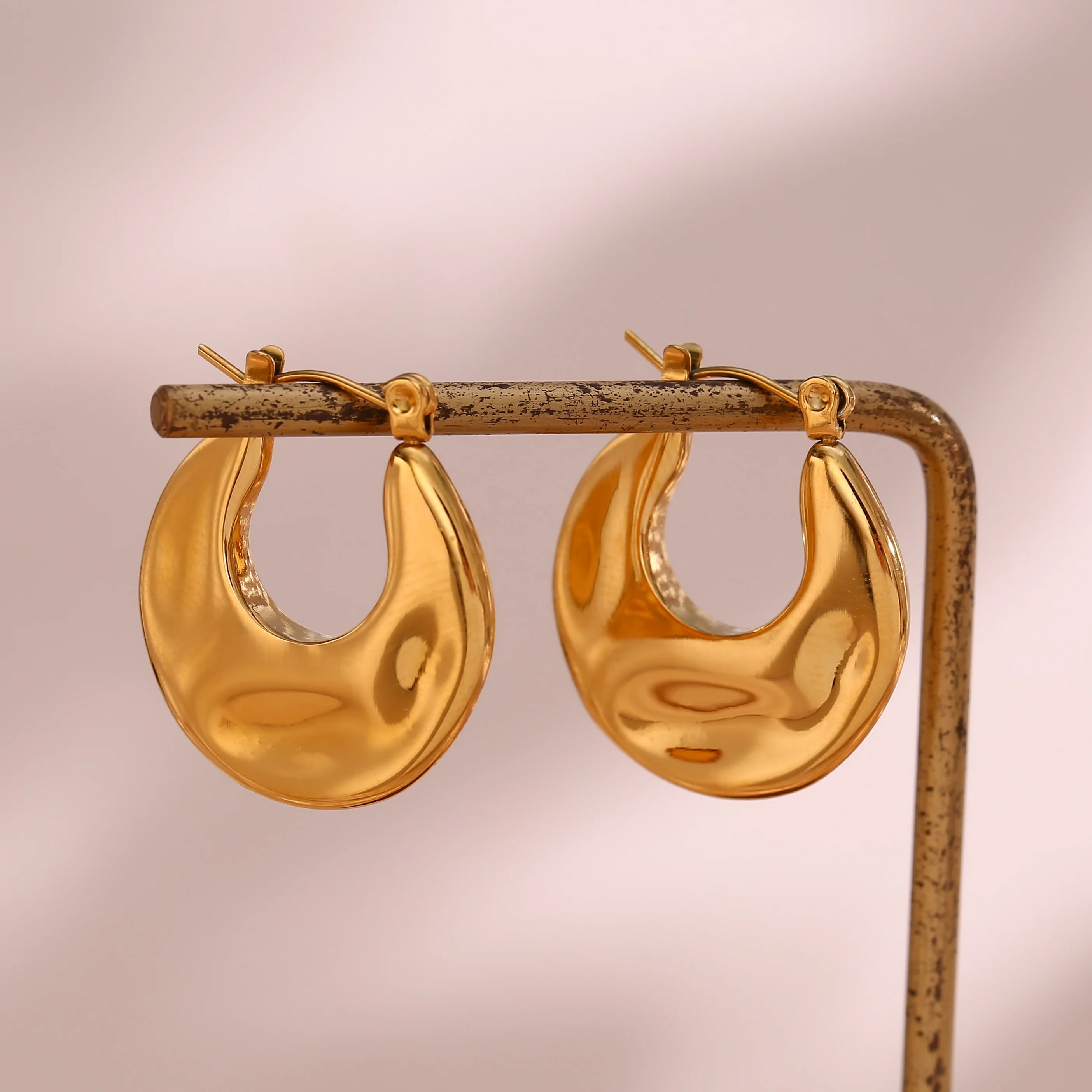 Hammered 18k Gold Plated Hoop Earring Tarnish Free Stainless Steel