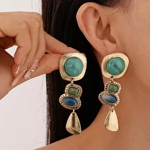 Vintage Distressed Stud Earrings, square and Oval Earrings, Irregular Earrings, and Exaggerated Peacock Blue Earrings.