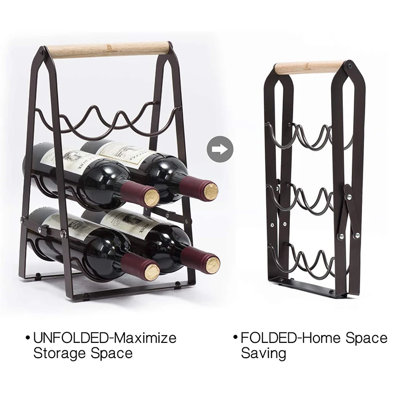 Складной 3-х уровневая бамбуковой ручкой металлический винный держатель для бутылки Бесплатная доставка Декоративные 6 бутылка стеллаж демонстрации вина с нескользящей подошвой