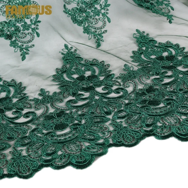 Modern Style Dark Green Color Sequin Luxury Cord Flat Embroidery Lace Fabrics for Evening Dress