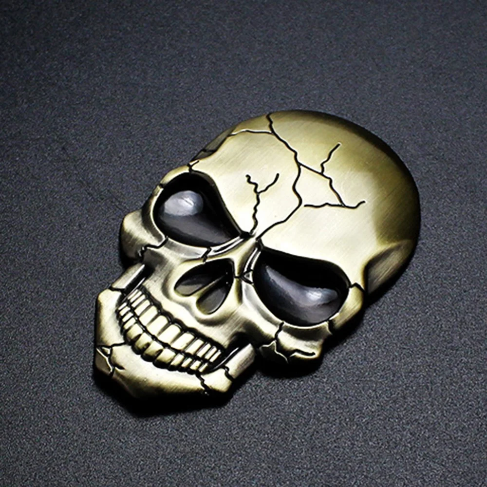 2PCS Autocollant Crâne Alliage De Métal Zinc 3D Auto Moto Crâne Badge Emblem Car Styling Autocollants Accessoires (Golden