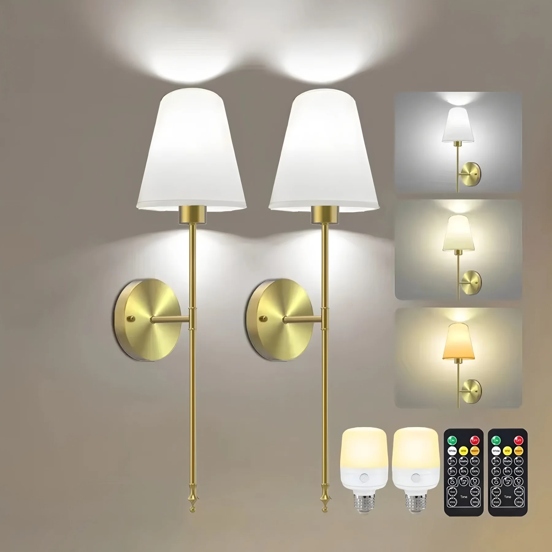 Living Room Indoor Gold RGB Dimmable Wireless Battery Operated Wall Sconce With Remote Control Set of 2 Rechargeable Wall Lights