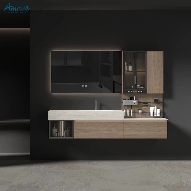 Modern simple design customize bath wall mounted furniture bathroom mirrored vanity cabinet with ceramic sink supplier