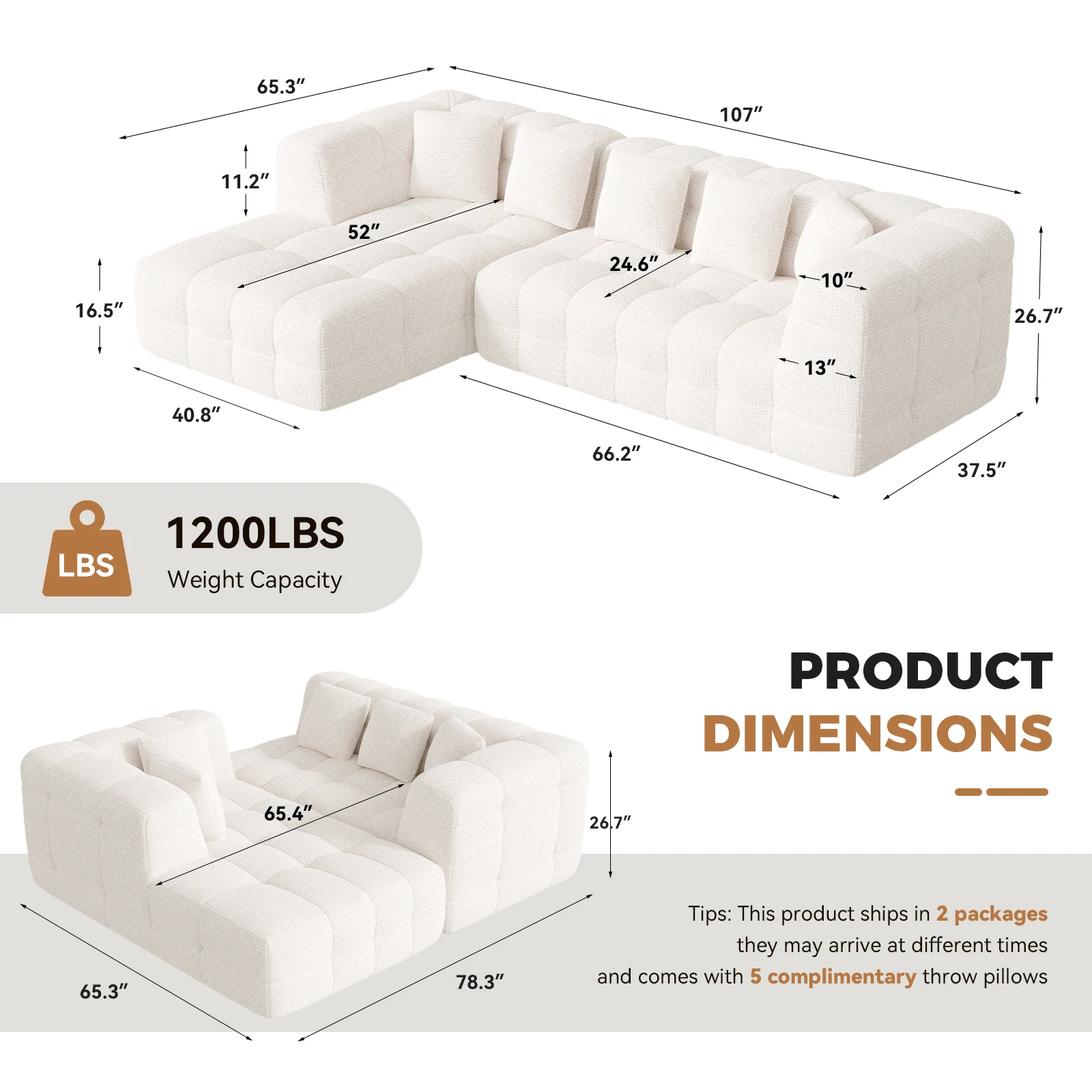 Modern Boneless Chenille L-Shaped Couch Oversized Cloud-Like Sofa Bed with Deep Seats for Living Room Large Space - Image 6