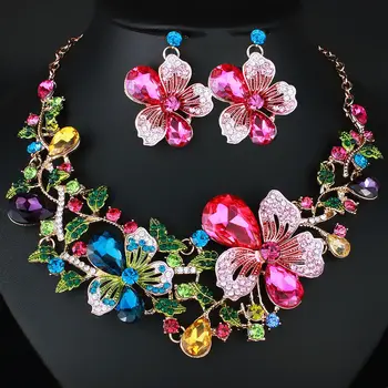 Bridal Jewelry Set - Flower Star Crystal Necklace & Earrings, Rhinestone Choker For Wedding, Parties