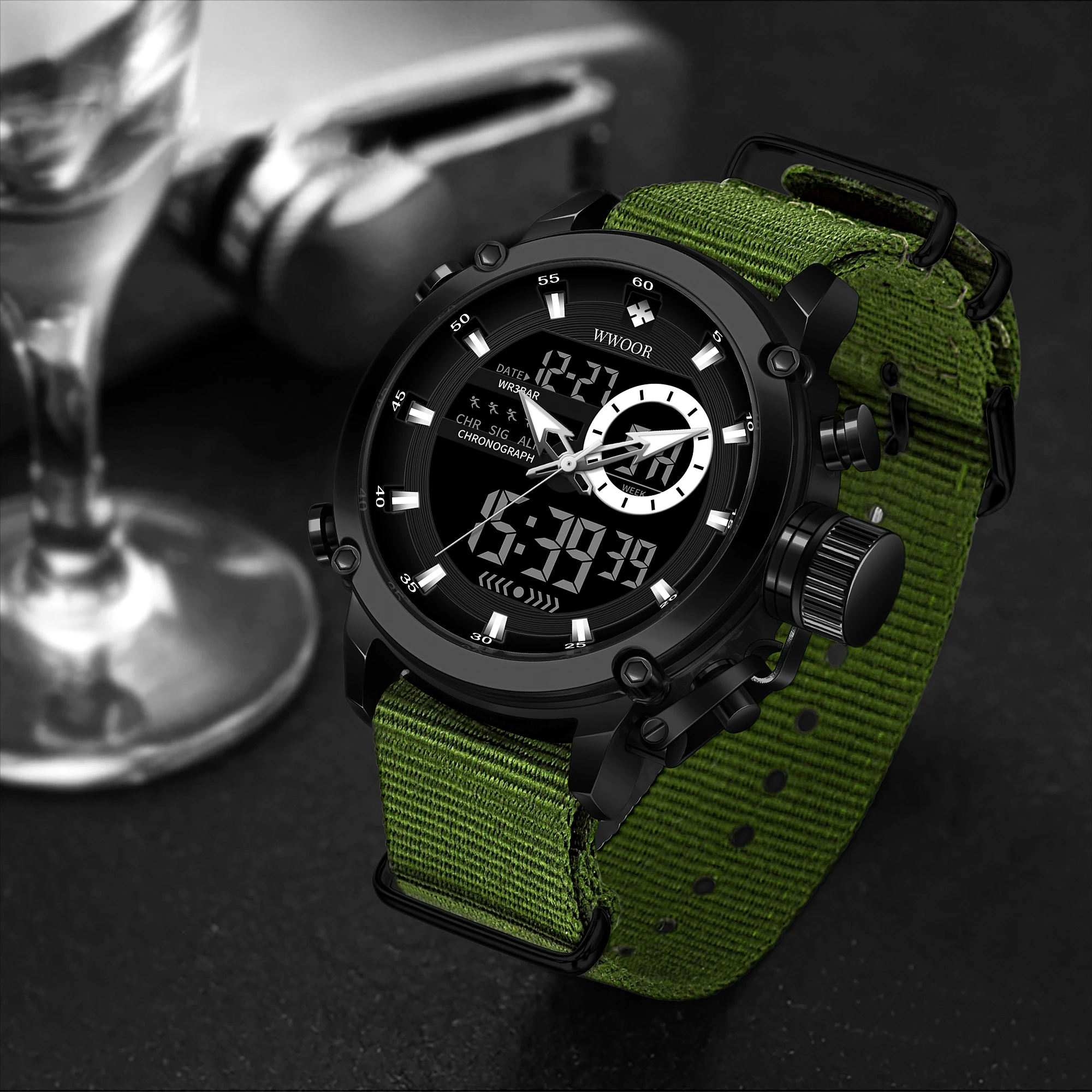 WWOOR 8882 Business Double Movement Men Dual Display Watches Band Wrist Watch Digital Watches Waterproof Alarm Chronograph Nylon