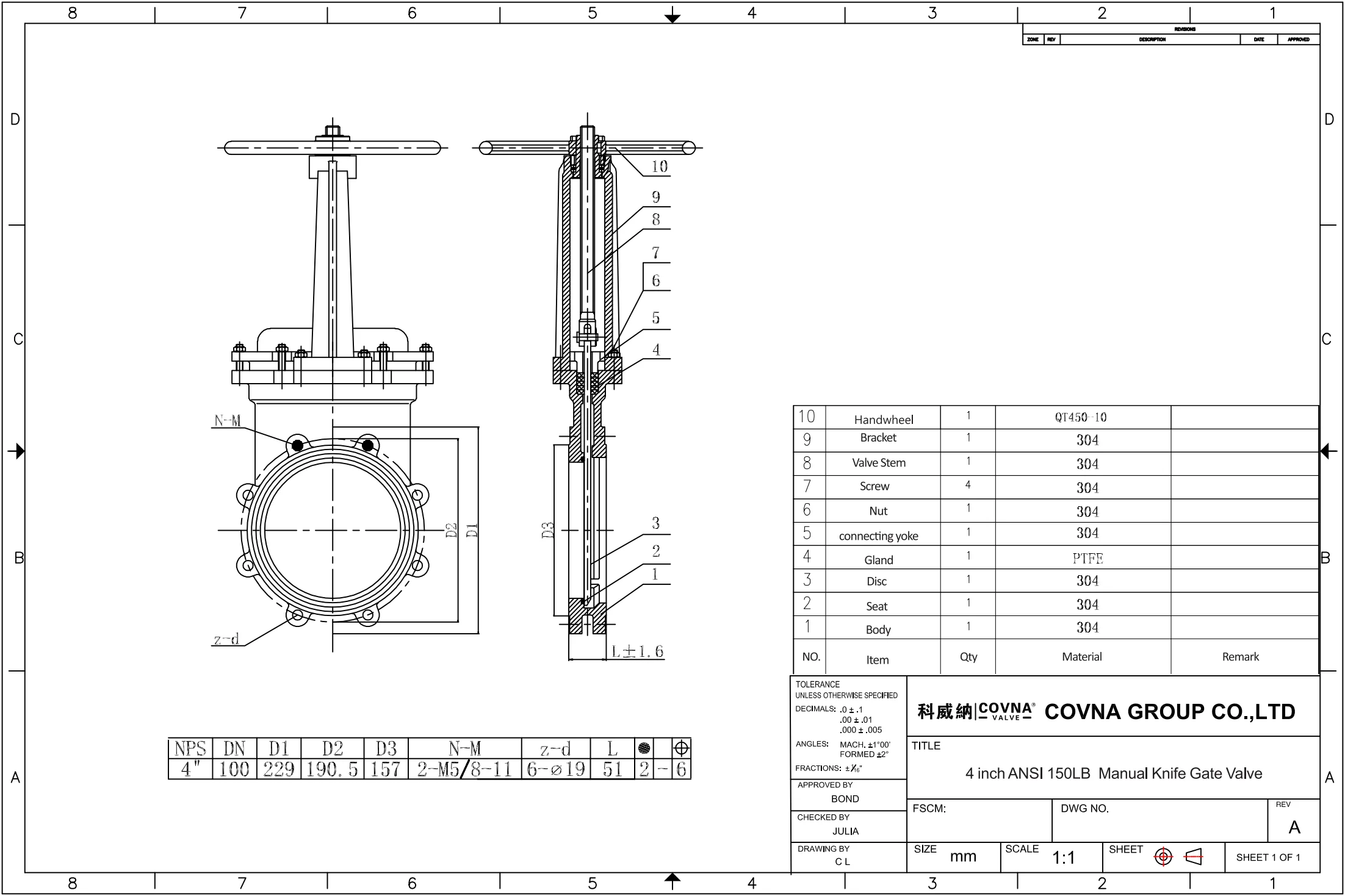 Covna 4 Inch Industry Knife Gate Valve Stainless Steel Wheel Handle Knife Gate Valve Ansi Slurry