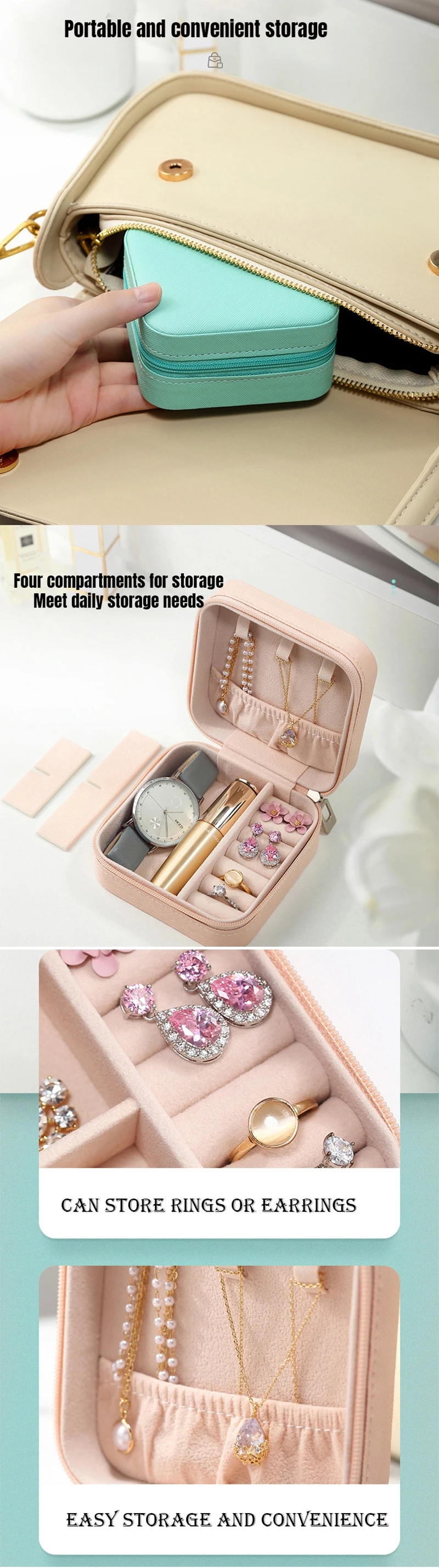 product a1 portable square shape storage jewelry case zipper box pu leather jewelry boxes necklace pendant earring ring organizer-2