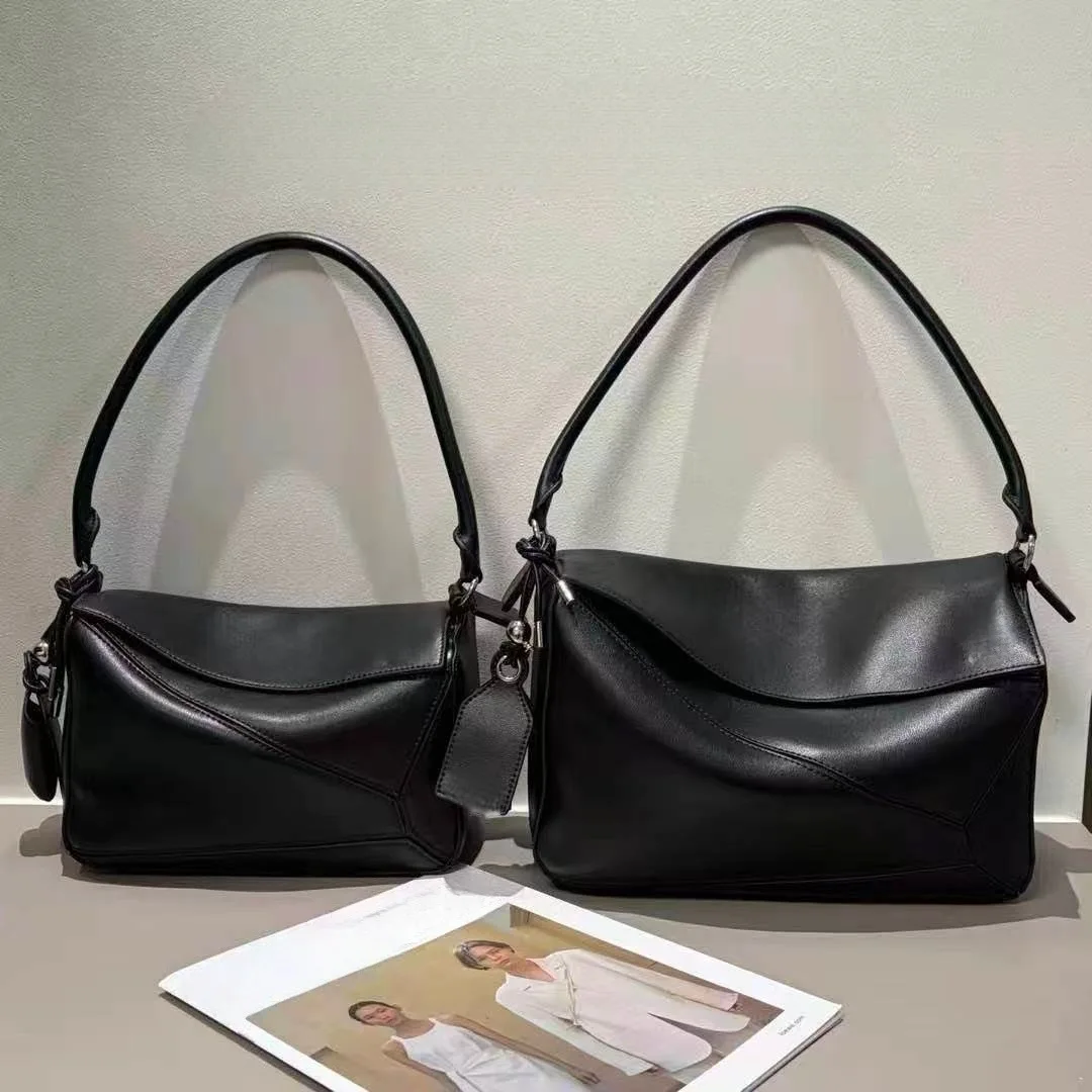 High-end Luojia Puzzle Long-handle Geometric Bag Fashionable Cowhide Solid Color Pillow Bag Genuine Leather Shoulder Two