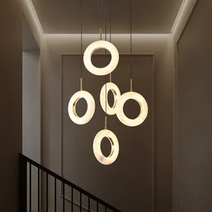 Modern Nordic Luxury Chandelier Pendant Lights New Natural Marble Staircase Lamp All Copper Villa Rotating Pendant Light