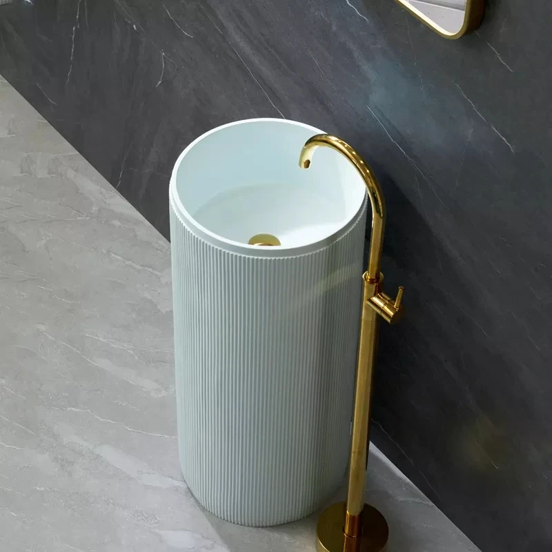 Modern bathroom washroom artificial stone cylindrical freestanding floor pedestal hand wash basin sink for hotel factory