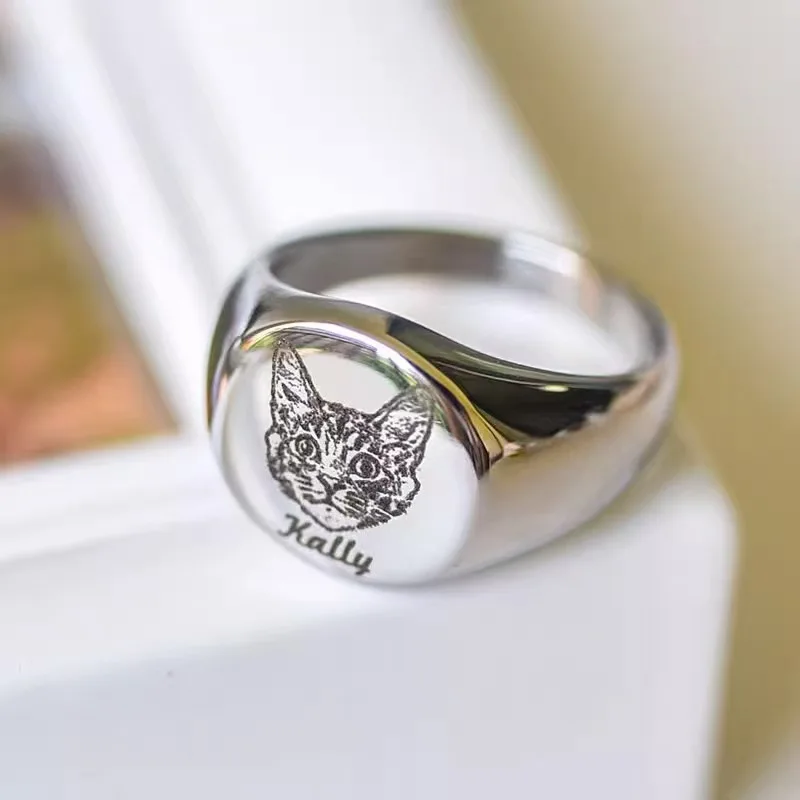 Waterproof Jewelry Simple 18K Gold-Plated Round Engraved Stainless Steel Ring with Pet Name preview 6