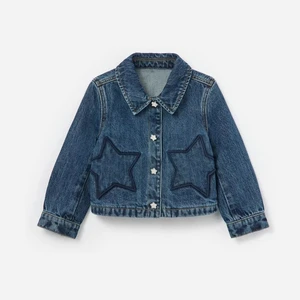 Casual Style Deep Blue Wash  Class  Collar Star Shape Button Cuffed Hem and Fit Denim Girls Jacket